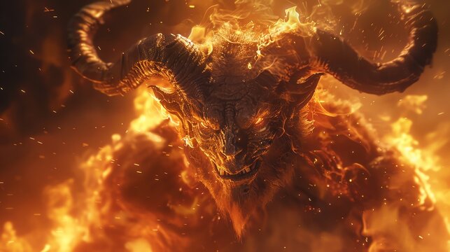 A devilish creature with horns and a cloven hoof, surrounded by flames