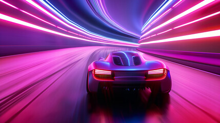 Speeding Sports Car On Neon Highway. a night track with colorful lights and trails.