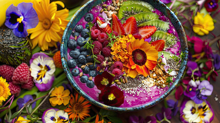 A vibrant smoothie bowl adorned with an array of toppings, focusing on health and the beauty of superfoods.