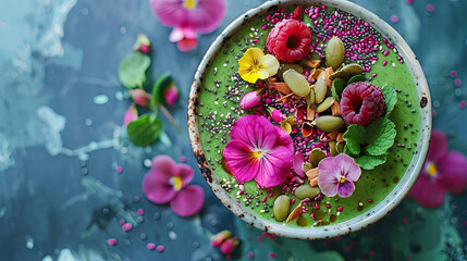 A vibrant smoothie bowl adorned with an array of toppings, focusing on health and the beauty of superfoods. - obrazy, fototapety, plakaty