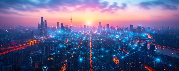 Fototapeta premium Downtown skyline with tallest skyscrapers and busiest traffic on highway intersection night to day transition timelapse