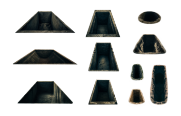 Empty grave hole pit mega pack collection. Transparent PNG background. Open dirt hole. Empty dirt ditch for burial of the dead. Graveyard, cemetery. Horror Halloween concept. Open tomb. Shallow grave.