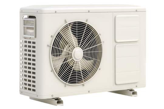 A photo of an outdoor air conditioner with white background