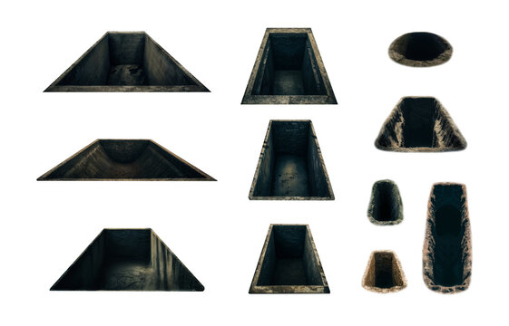 Empty grave hole pit mega pack collection. Transparent PNG background. Open dirt hole. Empty dirt ditch for burial of the dead. Graveyard, cemetery. Horror Halloween concept. Open tomb. Shallow grave.