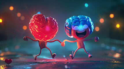 Cute pink brain and heart holding hands. Funny cartoon Concept of balance of mind and soul, thoughts and feelings.