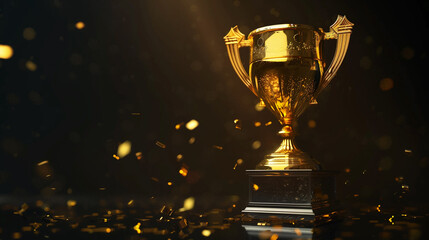 Golden champion cup with glittering confetti particles. Sport tournament award. Victory concept