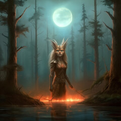 In a foggy forest under a full moon, a fierce warrior with lynx features emerges from fire-lit waters