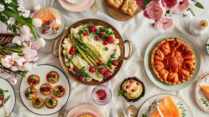 Fototapeta na wymiar Easter festive table with salmon asparagus salad potato muffins and berry pie
