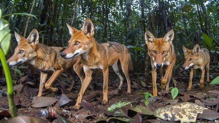 Obraz premium Wolves stealthily hunting in dense jungle, staying vigilant for prey and potential dangers