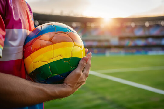 Football soccer player wearing gay pride LGBTQ rainbow flag holding a ball in a stadium