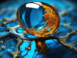 Abstract background blue gold, macro oil slick.
