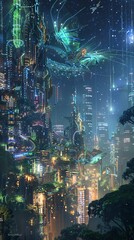 A beautiful painting of a futuristic city with a night sky and a lot of neon lights and a dragon flying in the sky