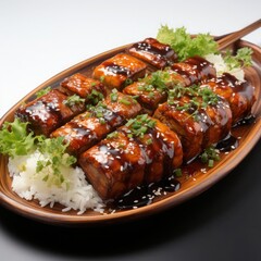 a plate of unagi in teriyaki sauce served with white rice on a white background