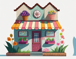 illustration of a small cute flower shop building on a white background