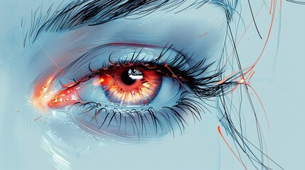 An illustration of a young woman with pain in the eye for a poster, website, or advertising about eye care or body healing. It can be used for a poster, website, or advertising designed in hand-drawn - obrazy, fototapety, plakaty