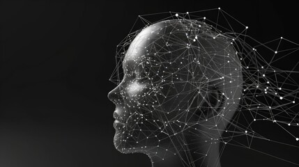 Back view of connecting lines in a 3D head representing Artificial Intelligence on black background 