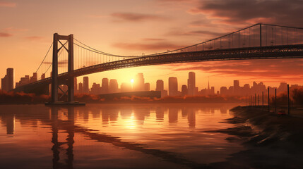 bay bridge at sunset, Amajestic bridge spanning a river, its steel cables and concrete pillars...