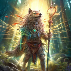 A proud wolf shaman stands in a sunlit glade, wielding a staff as forest life thrives around him