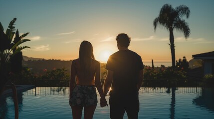 Romantic silhouette couple holding hands by pool at sunset in outdoor villa. Romantic getaway