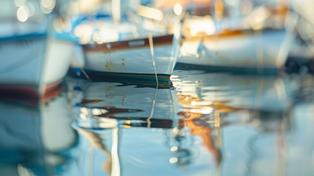 In this defocused image a mix of elegant and rustic boats are moored in a peaceful marina their reflections dancing on the rippling water. The blurred background highlights the main .