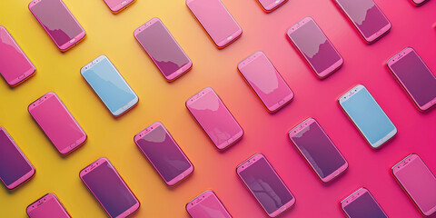 Colorful array of various cell phones on vibrant background, seamless pattern design for technology concept