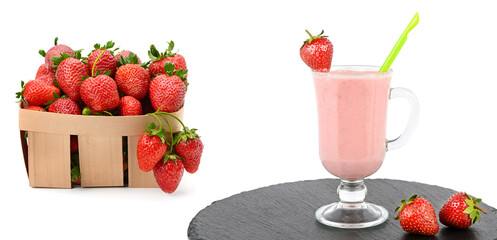 Ripe strawberries in a basket and Glass with strawberry smoothie isolated on whit. There is free space for text. Collage. Wide photo. - 796661441