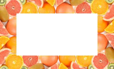 citrus fruits isolated on white background. Collage. Colorful frame with free space for text.