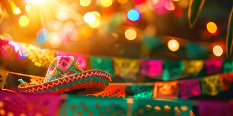 Colorful decorations and a traditional sombrero create a festive atmosphere at a lively celebration in a vibrant outdoor setting at night during a cultural festival