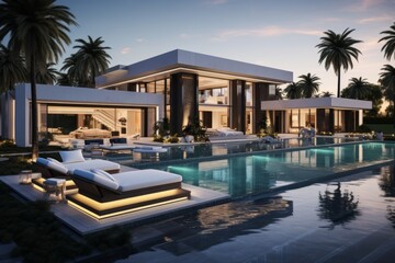 Fototapeta premium Luxurious and Spacious Modern Villa with Private Pool, Surrounded by Lush Palm Trees, Set in a Stunning Tropical Sunset Setting, Perfect for Relaxation and Enjoying the Beauty of Nature in Style.