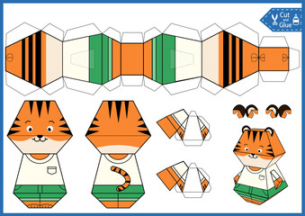 Kids craft game cut and glue 3d tiger. Children printable papercraft toys. Education activity paper puppets. DIY 3d polygonal cute animals.