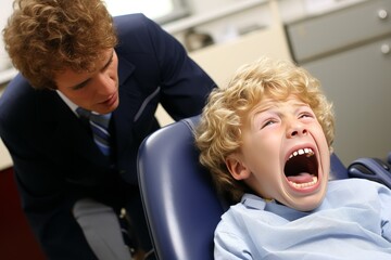 Young Boy Nervously Awaits Dental Examination at Dentists Office with Anxious Expression.