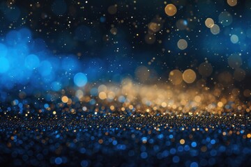 abstract glitter lights. gold, blue and black blur on black background