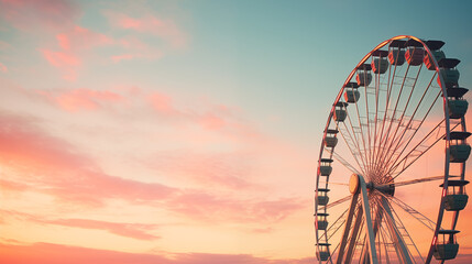 ferris wheel at sunset, A whimsical perspective: aFerris wheel silhouette, framed by a gradient sky. Each rotation carries dreams higher, touching the edge of possibility - obrazy, fototapety, plakaty
