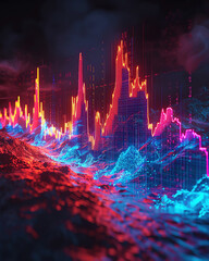 A thriving stock market graph displayed in vibrant neon colors standing alone in a sea of darkness