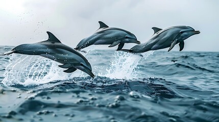 Group of dolphins jumping from the sea - obrazy, fototapety, plakaty