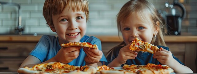 the children are eating pizza. selective focus