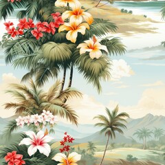 Fototapeta na wymiar Seamless pattern. Tropical Paradise Swaying Palm Trees, Vibrant Hibiscus Flowers, and Majestic Mountains. Ideal for Fabric, Wallpaper, and Luxurious Wrapping Paper Designs.