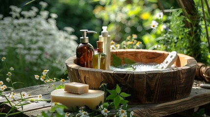 Handmade wooden Wash basin with soap in garden for hands cleaning in summer - obrazy, fototapety, plakaty