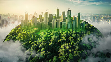 Fototapeta premium futuristic cityscape blends with lush greenery, symbolizing sustainable urban living