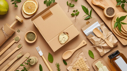 Fototapeta premium An image depicting products with eco-friendly packaging solutions, such as biodegradable materials or minimalist designs, highlighting the move away from excessive and non-recyclable packaging.