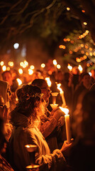 Fototapeta na wymiar a gruop of people holding a candle during a torchlight with candle procession at night