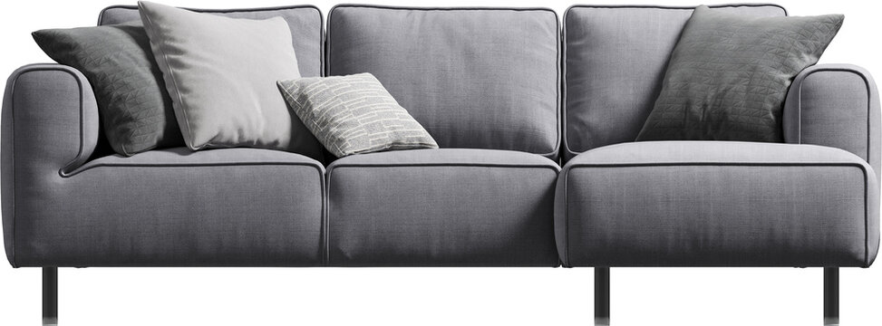 Front view of modern gray upholstered sofa