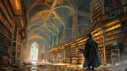 Fototapeta premium An image set in an ancient, sprawling library with towering bookshelves and dimly lit corridors, where a lone character uncovers a secret manuscript, igniting a quest for knowledge and truth.