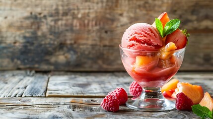 Homemade fruit sorbet in a glass on a wooden background Selective focus