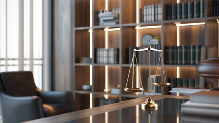 Legal office with gavel scales of justice and bookshelf symbolizing law and order in a modern setting