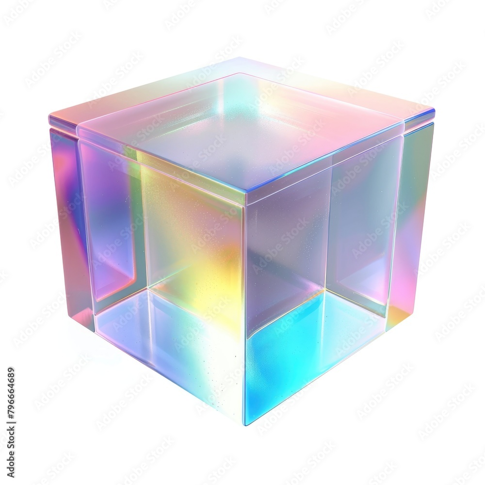 Poster perfectly shaped cube with an iridescent surface, reflecting a spectrum of colors