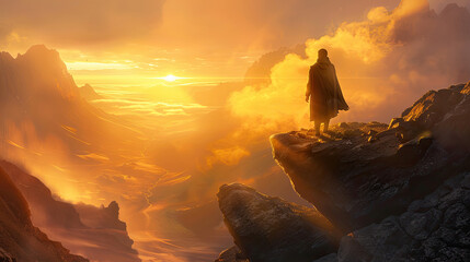 An image showcasing an explorer coming upon an awe-inspiring, undiscovered landscape, with the first rays of dawn illuminating the scene, symbolizing discovery and the awe of encountering the unknown.