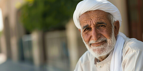 Portrait of a smiling elderly man with a white turban in front of a building, looking at the camera