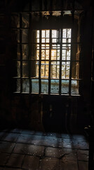 a dark and scary dungeon, iron bars on window, the year 1800, in American