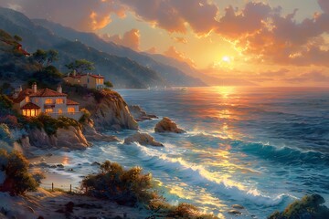A breathtaking sunset over a tranquil coastal village, where the golden hues dance on the rippling waves, casting a mesmerizing glow on the quaint cottages nestled along the shore. - obrazy, fototapety, plakaty